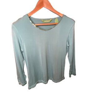C.A. Sport Blue Sequined Neck 3/4 Sleeve Pullover Fitted Top Sz S